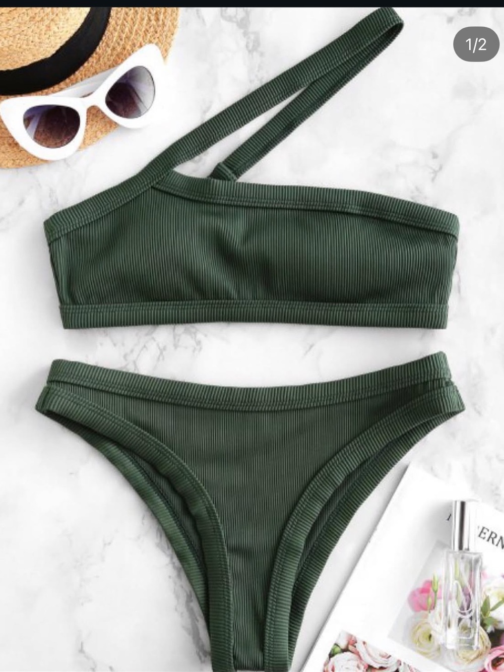 SHEIN Olive Green One-Shoulder Ribbed Bikini